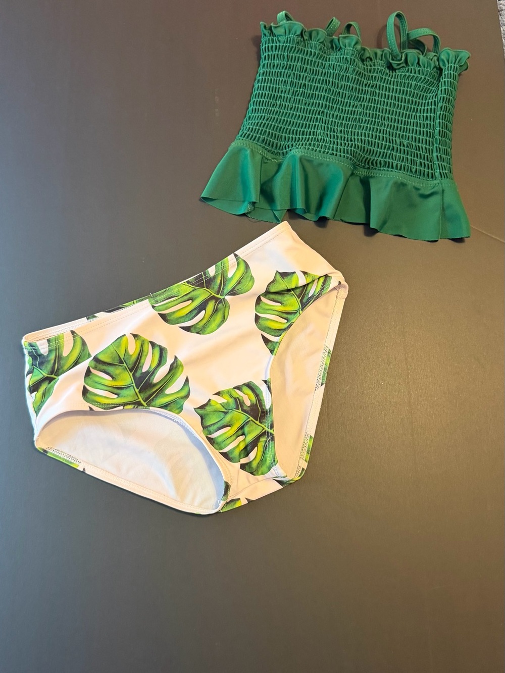 Girls' Green Smocked Ruffle Swim Top with Tropical Leaf Bikini Bottoms